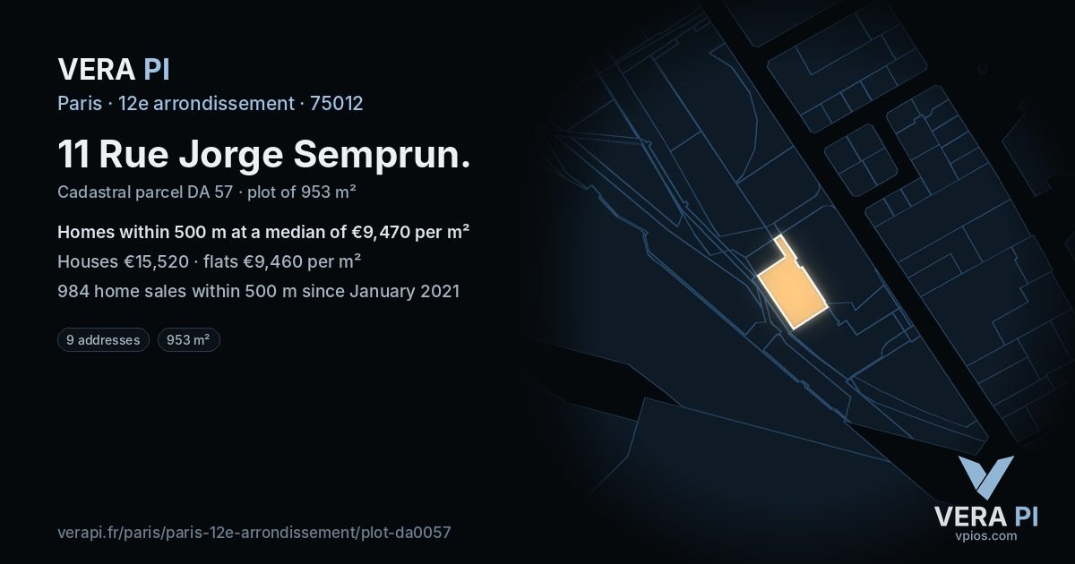 11 Rue Jorge Semprun, 12e arrondissement at night – the plot lit, the parcels around coloured by the prices near them
