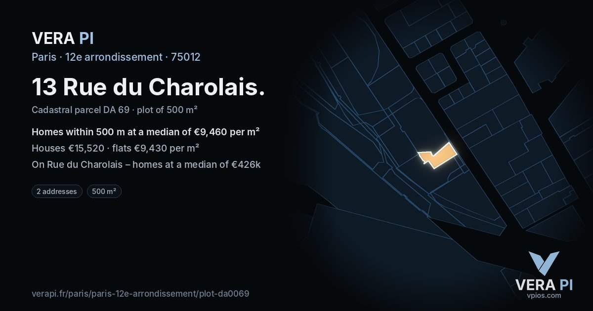 13 Rue du Charolais, 12e arrondissement at night – the plot lit, the parcels around coloured by the prices near them