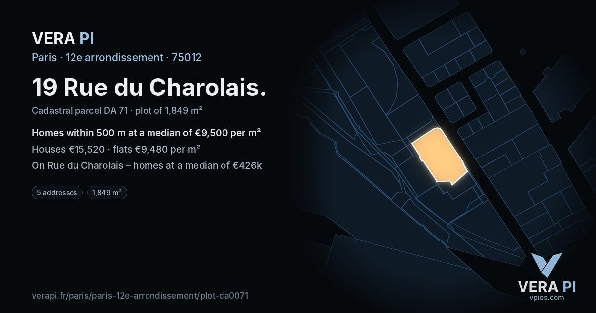 19 Rue du Charolais, 12e arrondissement at night – the plot lit, the parcels around coloured by the prices near them