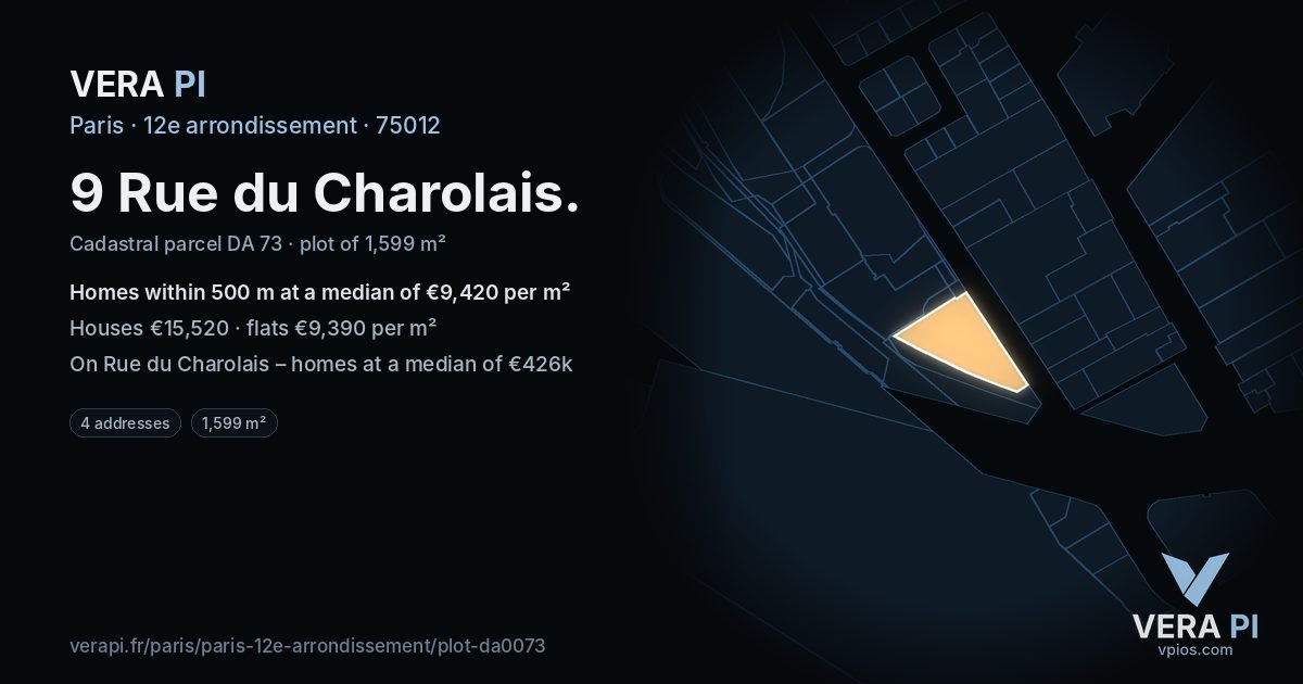 9 Rue du Charolais, 12e arrondissement at night – the plot lit, the parcels around coloured by the prices near them