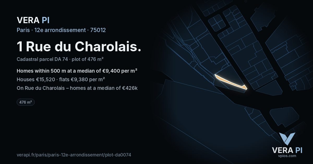 1 Rue du Charolais, 12e arrondissement at night – the plot lit, the parcels around coloured by the prices near them