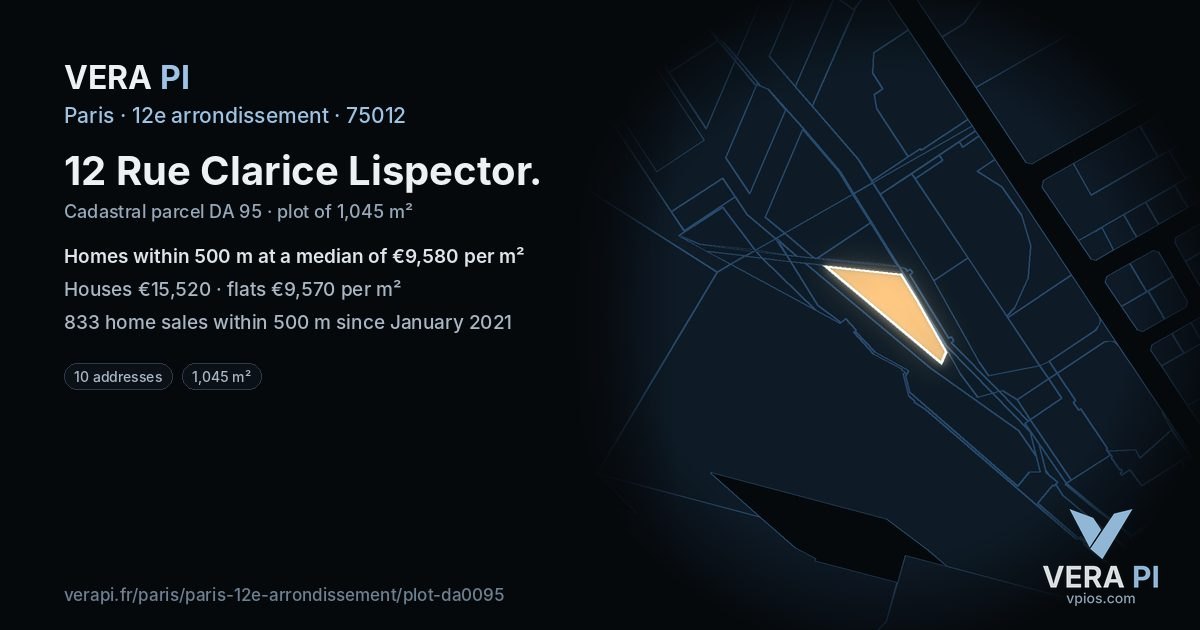 12 Rue Clarice Lispector, 12e arrondissement at night – the plot lit, the parcels around coloured by the prices near them