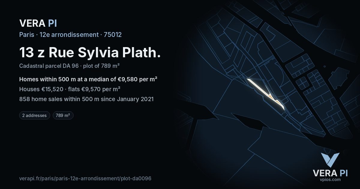 13 z Rue Sylvia Plath, 12e arrondissement at night – the plot lit, the parcels around coloured by the prices near them