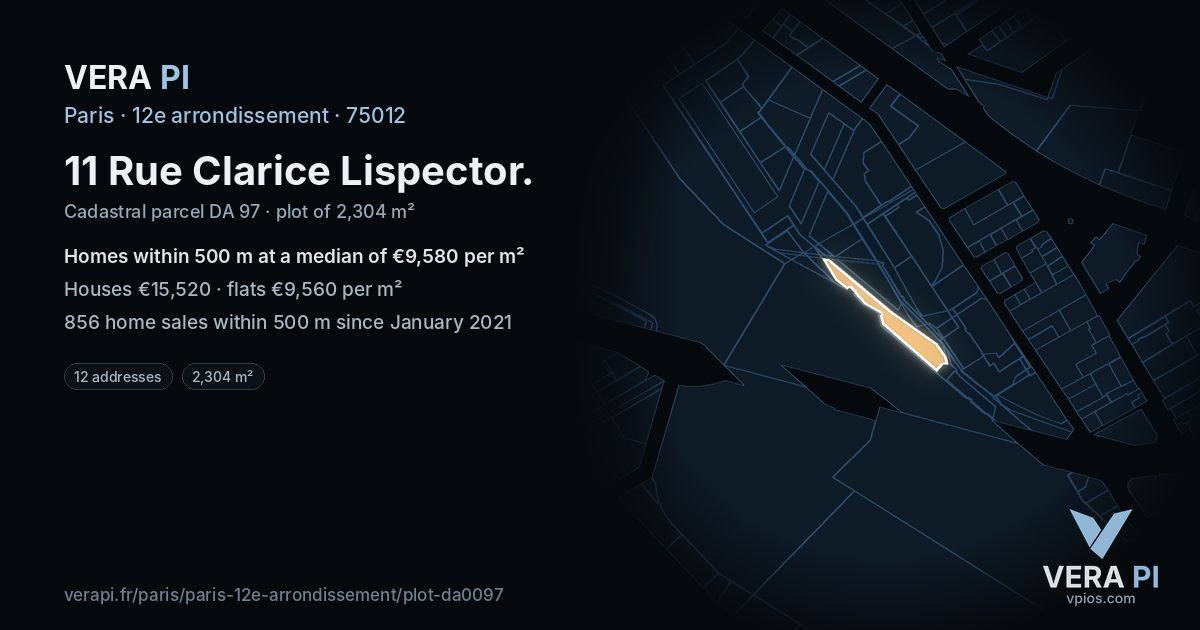 11 Rue Clarice Lispector, 12e arrondissement at night – the plot lit, the parcels around coloured by the prices near them