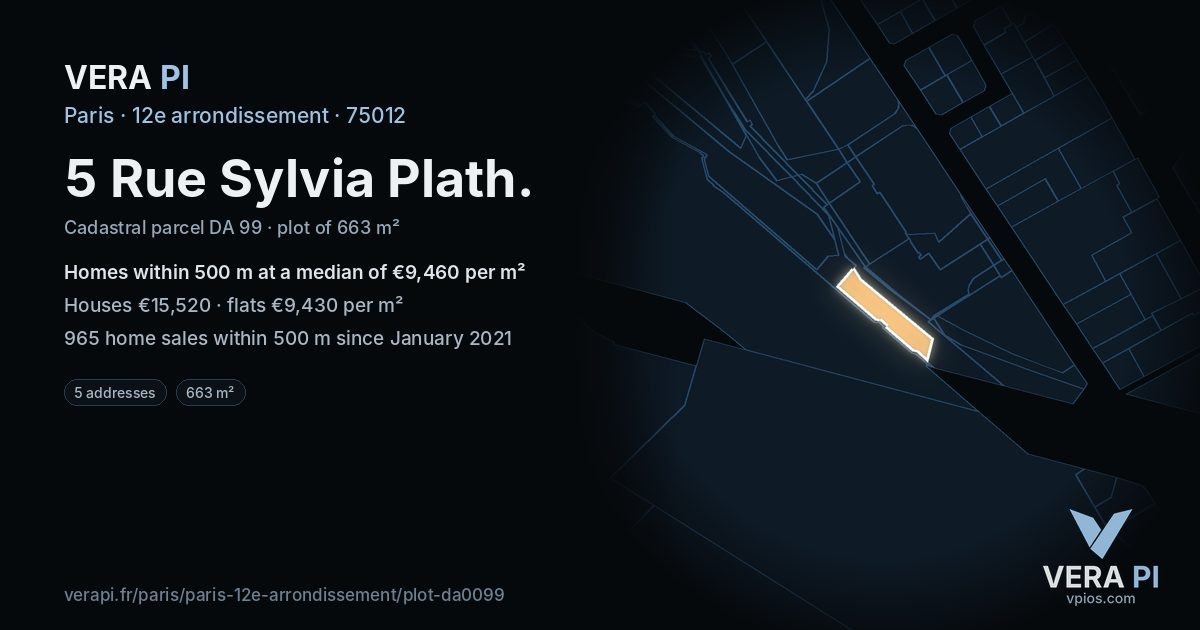 5 Rue Sylvia Plath, 12e arrondissement at night – the plot lit, the parcels around coloured by the prices near them