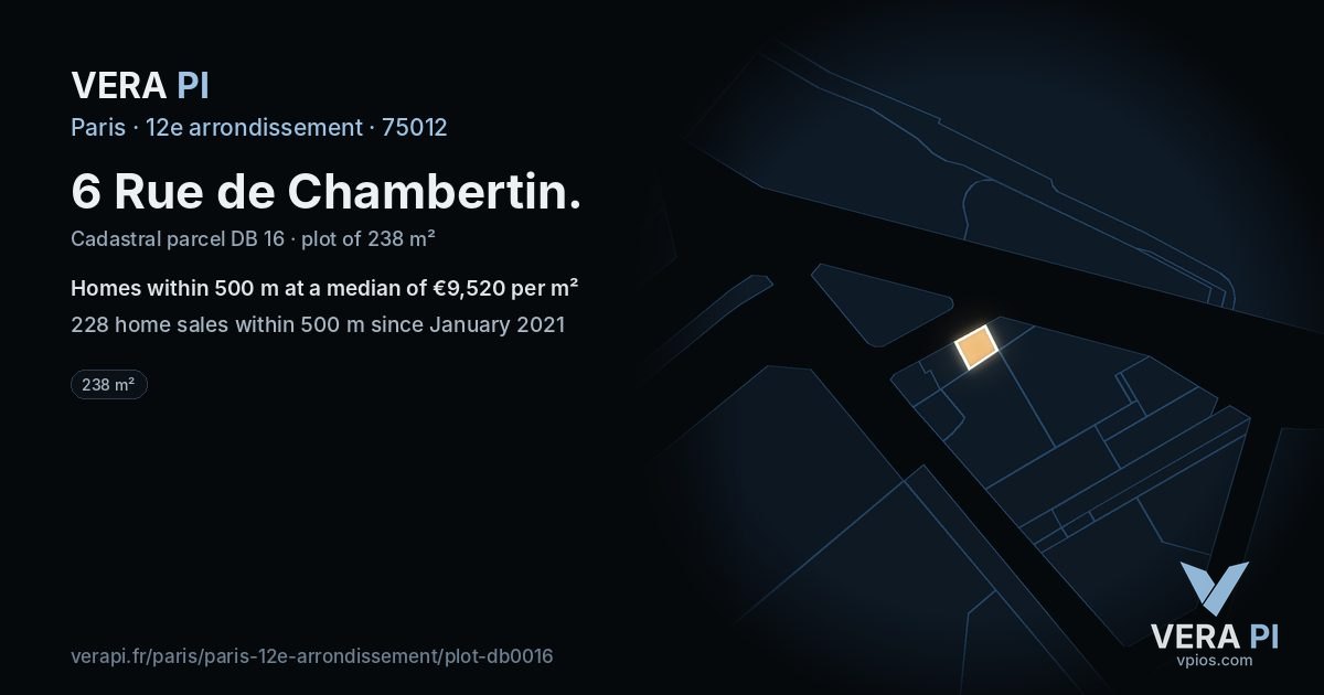 6 Rue de Chambertin, 12e arrondissement at night – the plot lit, the parcels around coloured by the prices near them