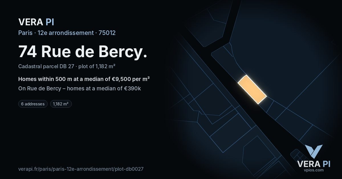 74 Rue de Bercy, 12e arrondissement at night – the plot lit, the parcels around coloured by the prices near them