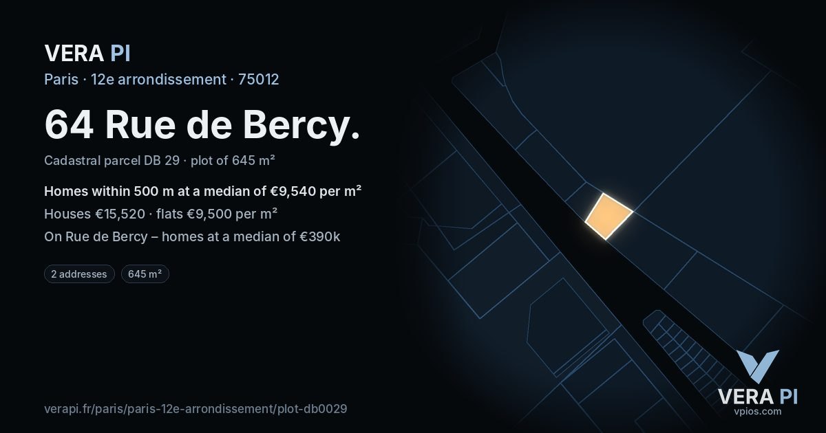 64 Rue de Bercy, 12e arrondissement at night – the plot lit, the parcels around coloured by the prices near them