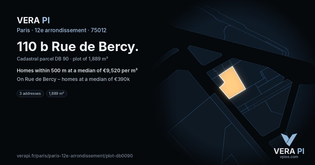 110 b Rue de Bercy, 12e arrondissement at night – the plot lit, the parcels around coloured by the prices near them