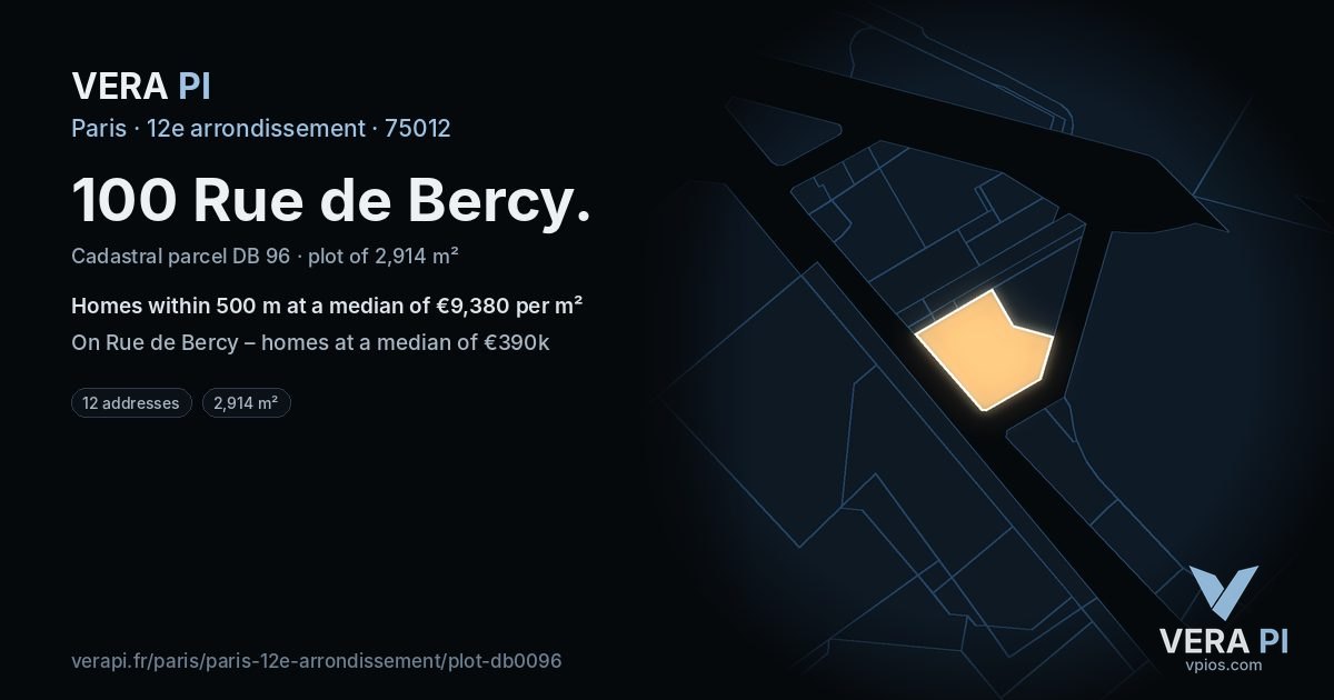 100 Rue de Bercy, 12e arrondissement at night – the plot lit, the parcels around coloured by the prices near them