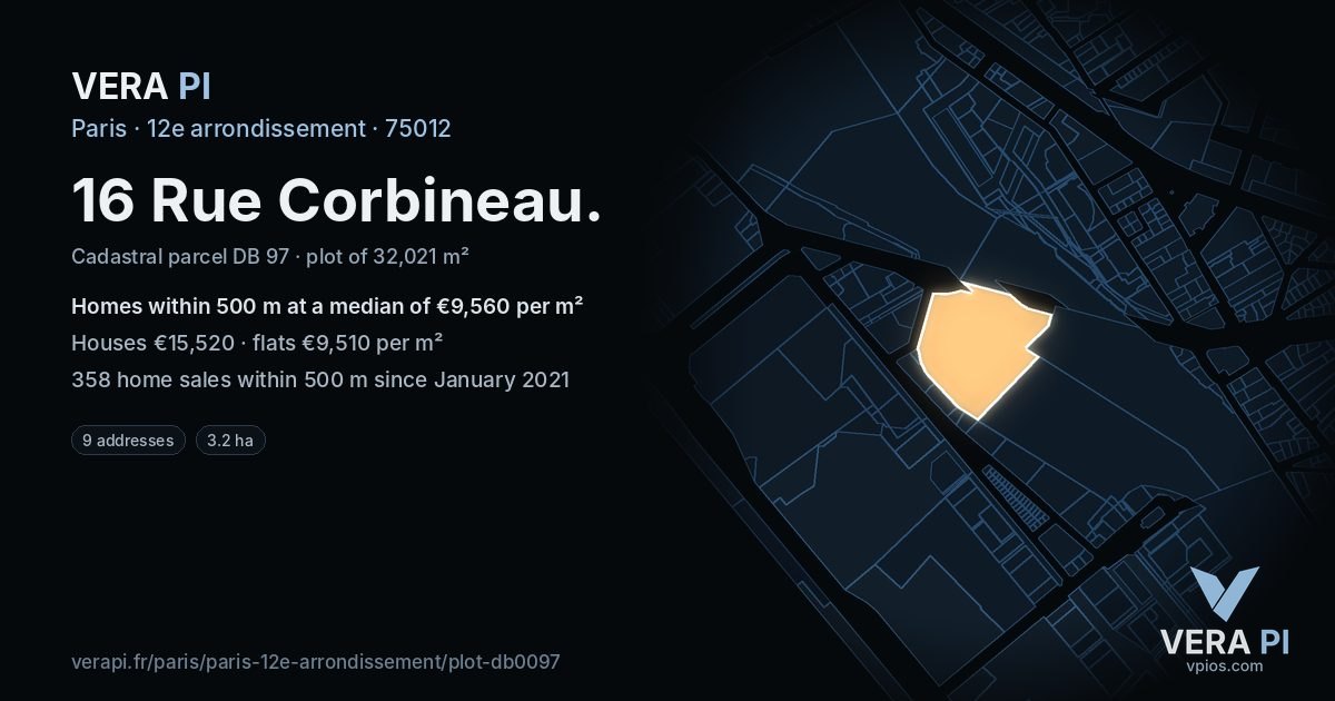 16 Rue Corbineau, 12e arrondissement at night – the plot lit, the parcels around coloured by the prices near them