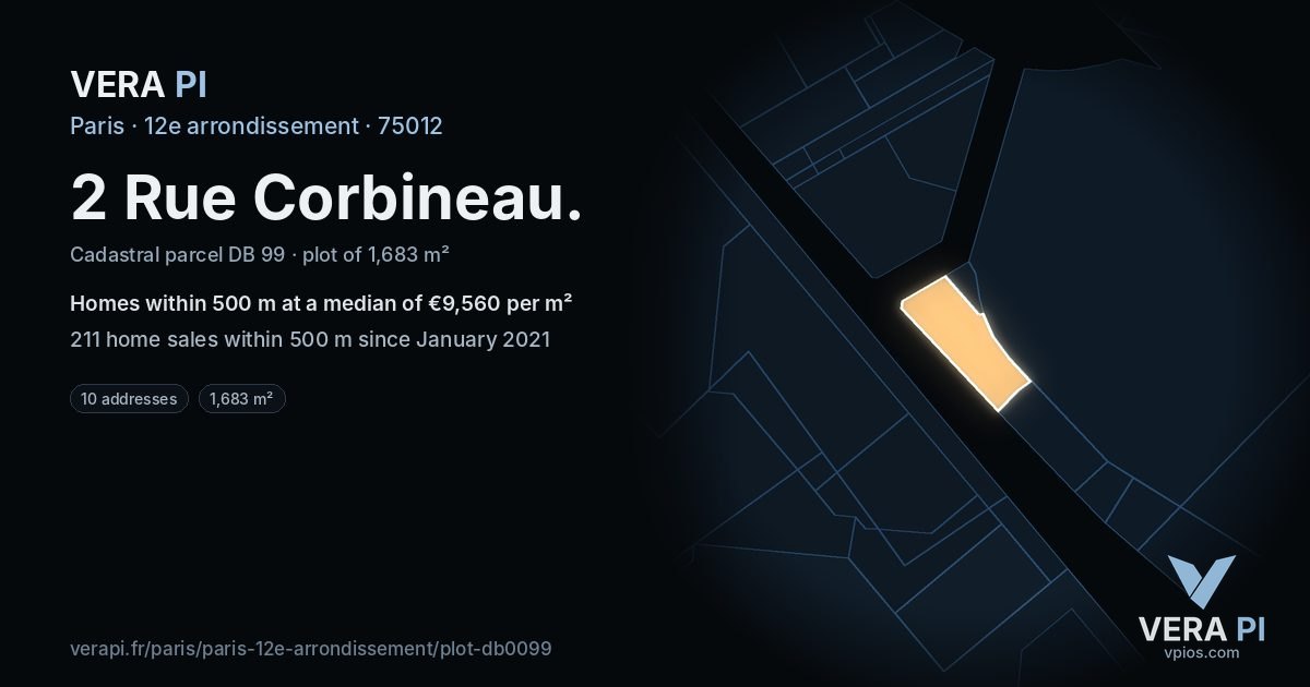 2 Rue Corbineau, 12e arrondissement at night – the plot lit, the parcels around coloured by the prices near them