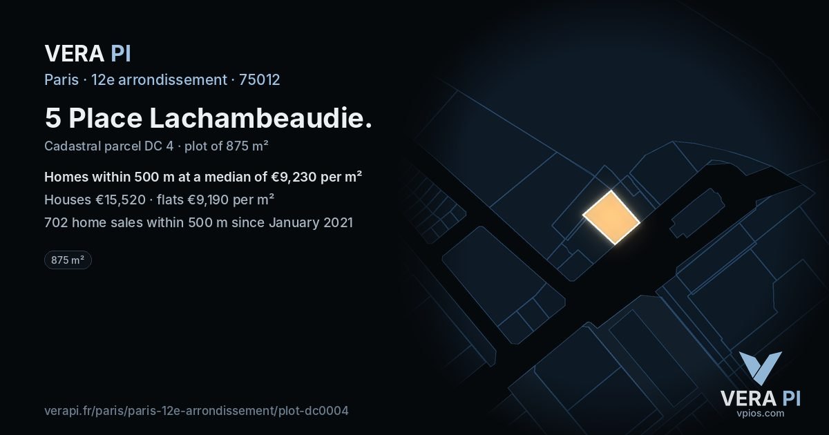 5 Place Lachambeaudie, 12e arrondissement at night – the plot lit, the parcels around coloured by the prices near them