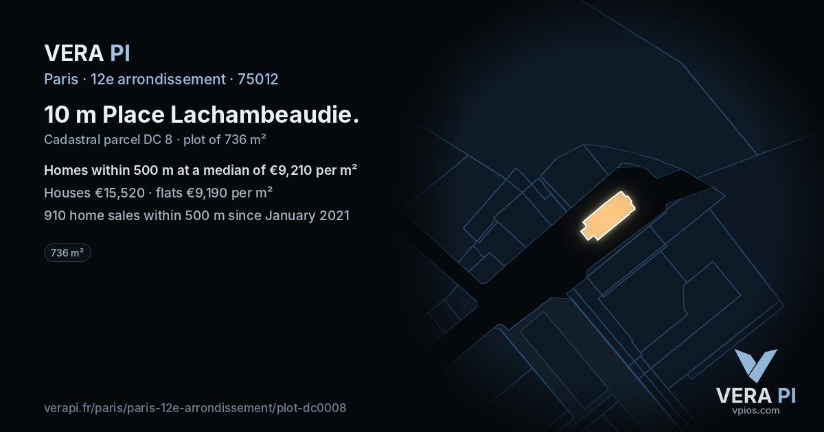 10 m Place Lachambeaudie, 12e arrondissement at night – the plot lit, the parcels around coloured by the prices near them