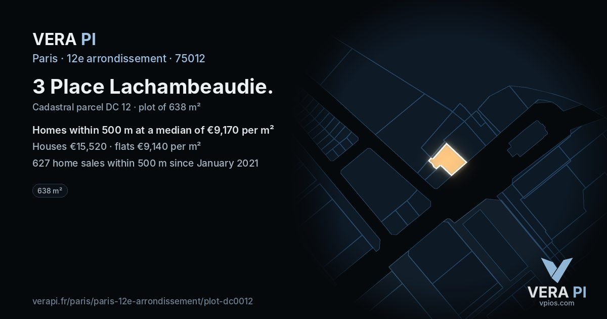 3 Place Lachambeaudie, 12e arrondissement at night – the plot lit, the parcels around coloured by the prices near them