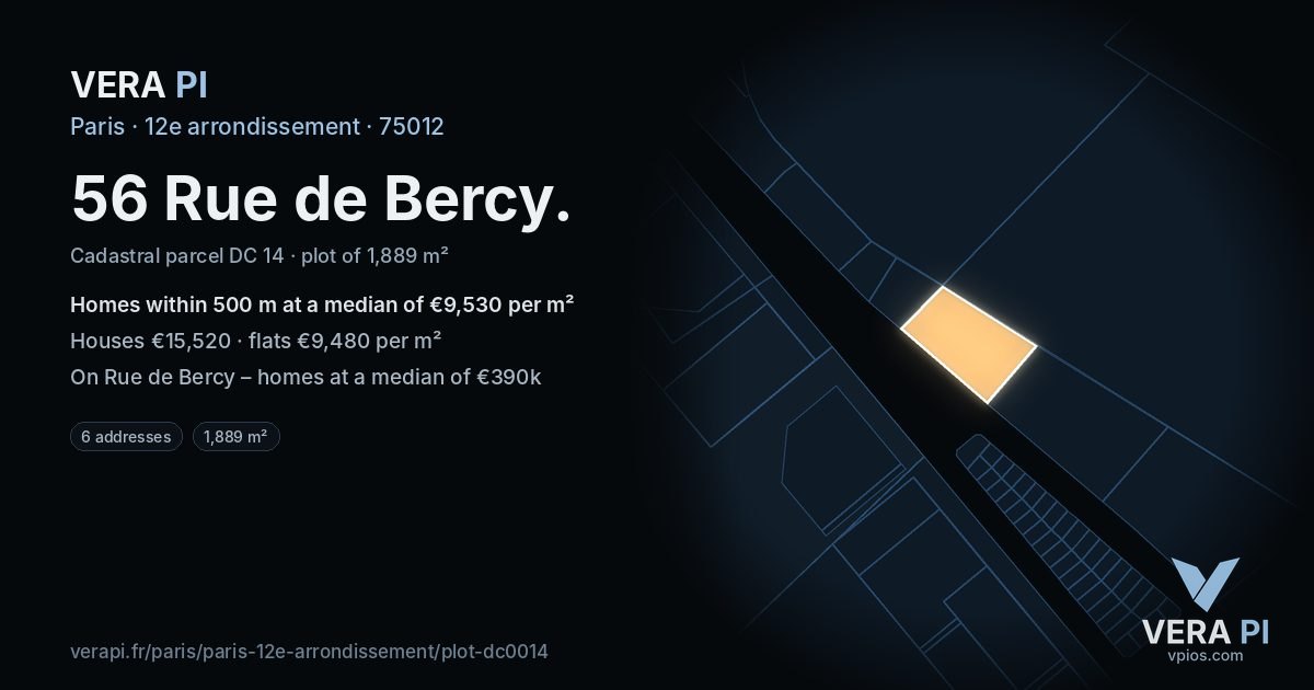 56 Rue de Bercy, 12e arrondissement at night – the plot lit, the parcels around coloured by the prices near them