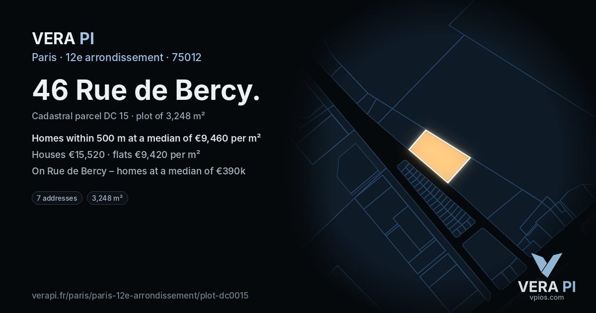 46 Rue de Bercy, 12e arrondissement at night – the plot lit, the parcels around coloured by the prices near them