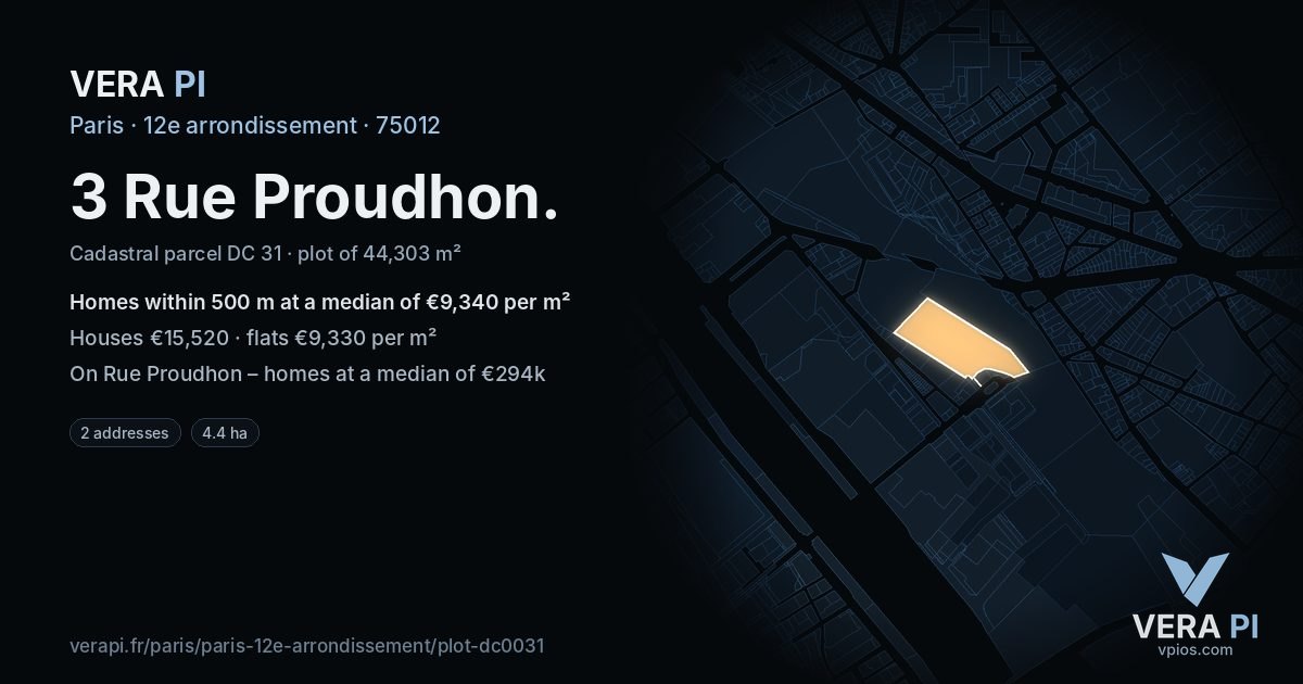 3 Rue Proudhon, 12e arrondissement at night – the plot lit, the parcels around coloured by the prices near them