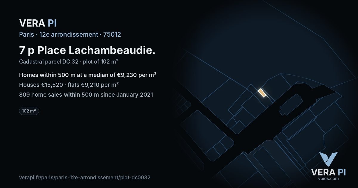 7 p Place Lachambeaudie, 12e arrondissement at night – the plot lit, the parcels around coloured by the prices near them