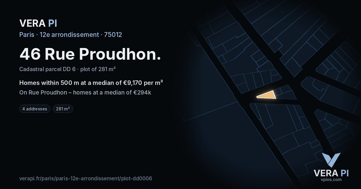 46 Rue Proudhon, 12e arrondissement at night – the plot lit, the parcels around coloured by the prices near them