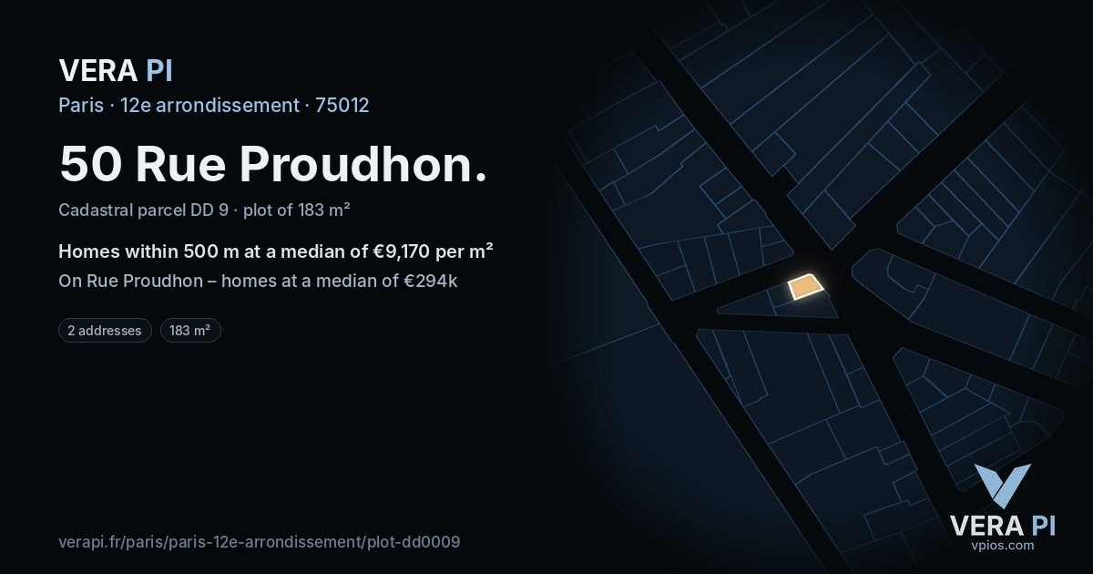 50 Rue Proudhon, 12e arrondissement at night – the plot lit, the parcels around coloured by the prices near them