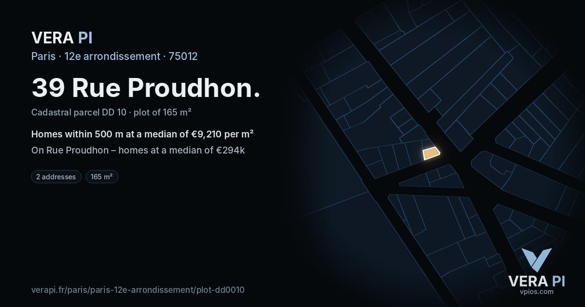 39 Rue Proudhon, 12e arrondissement at night – the plot lit, the parcels around coloured by the prices near them