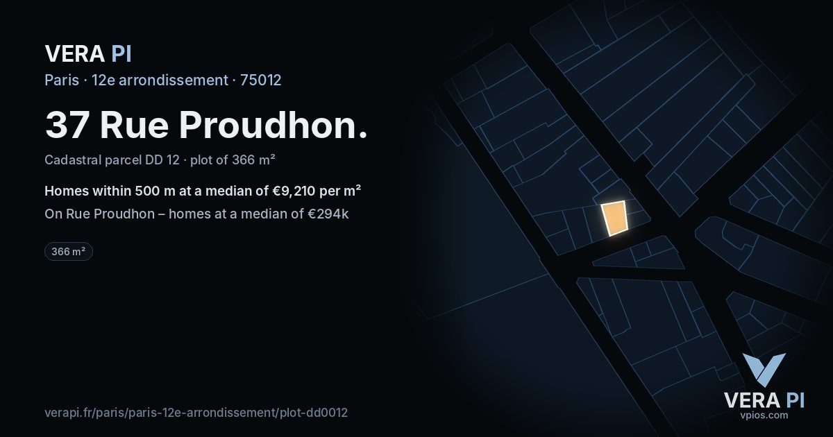 37 Rue Proudhon, 12e arrondissement at night – the plot lit, the parcels around coloured by the prices near them