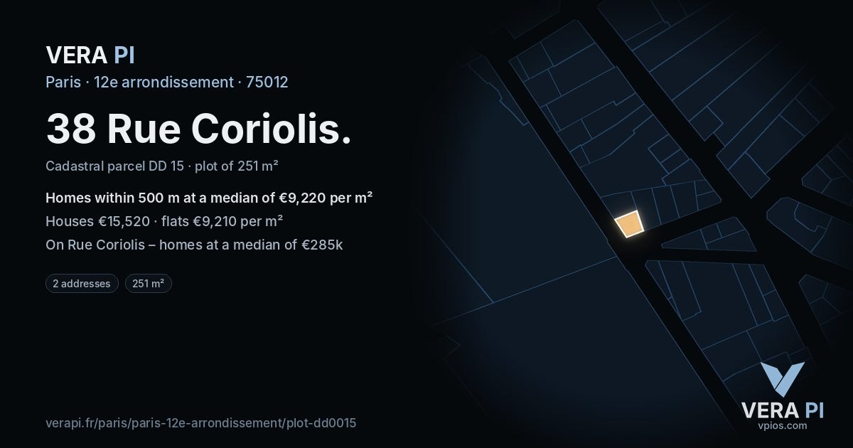 38 Rue Coriolis, 12e arrondissement at night – the plot lit, the parcels around coloured by the prices near them