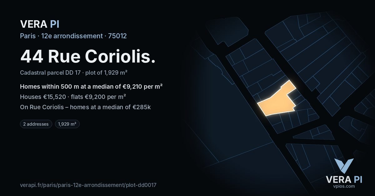 44 Rue Coriolis, 12e arrondissement at night – the plot lit, the parcels around coloured by the prices near them