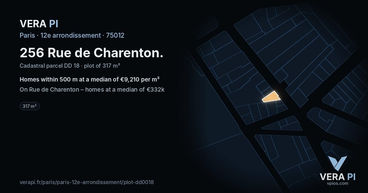 256 Rue de Charenton, 12e arrondissement at night – the plot lit, the parcels around coloured by the prices near them