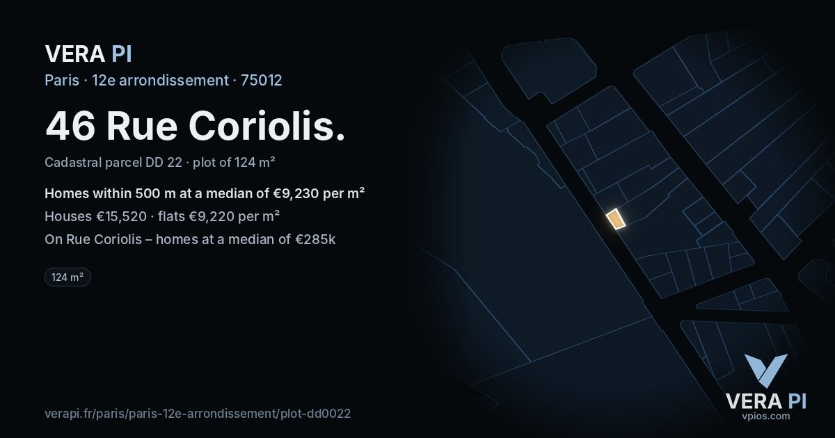 46 Rue Coriolis, 12e arrondissement at night – the plot lit, the parcels around coloured by the prices near them