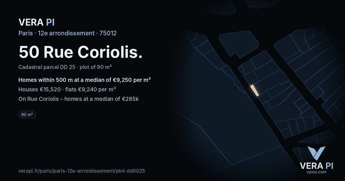 50 Rue Coriolis, 12e arrondissement at night – the plot lit, the parcels around coloured by the prices near them