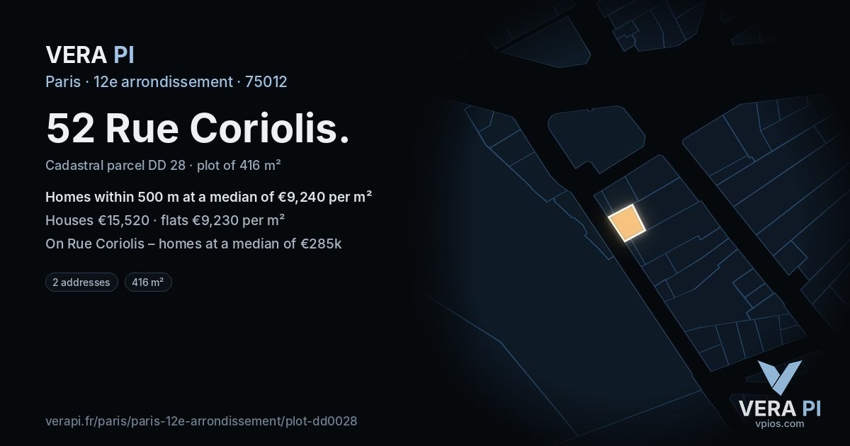 52 Rue Coriolis, 12e arrondissement at night – the plot lit, the parcels around coloured by the prices near them