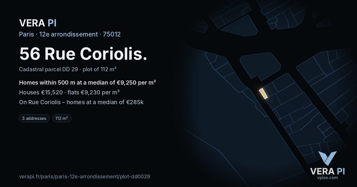 56 Rue Coriolis, 12e arrondissement at night – the plot lit, the parcels around coloured by the prices near them