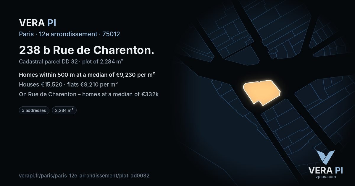 238 b Rue de Charenton, 12e arrondissement at night – the plot lit, the parcels around coloured by the prices near them