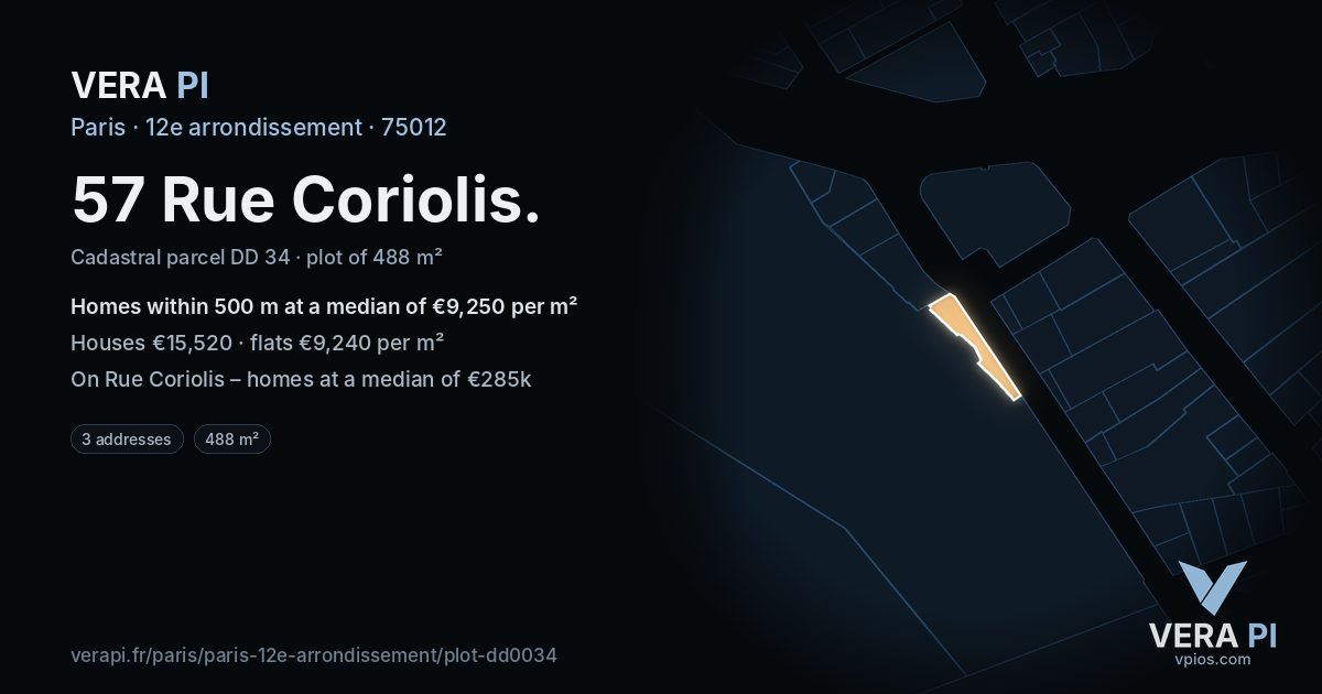 57 Rue Coriolis, 12e arrondissement at night – the plot lit, the parcels around coloured by the prices near them