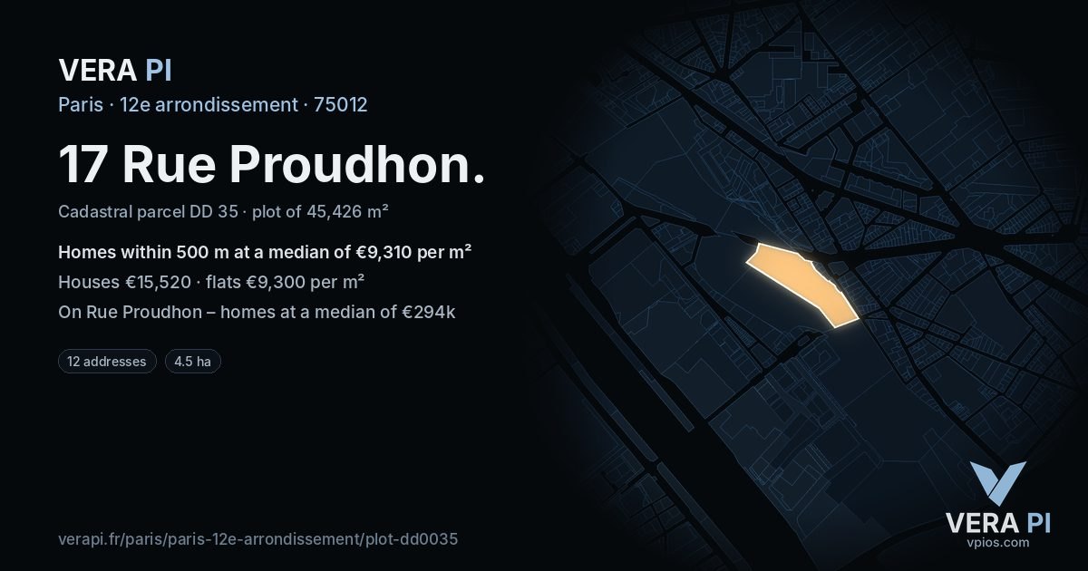 17 Rue Proudhon, 12e arrondissement at night – the plot lit, the parcels around coloured by the prices near them