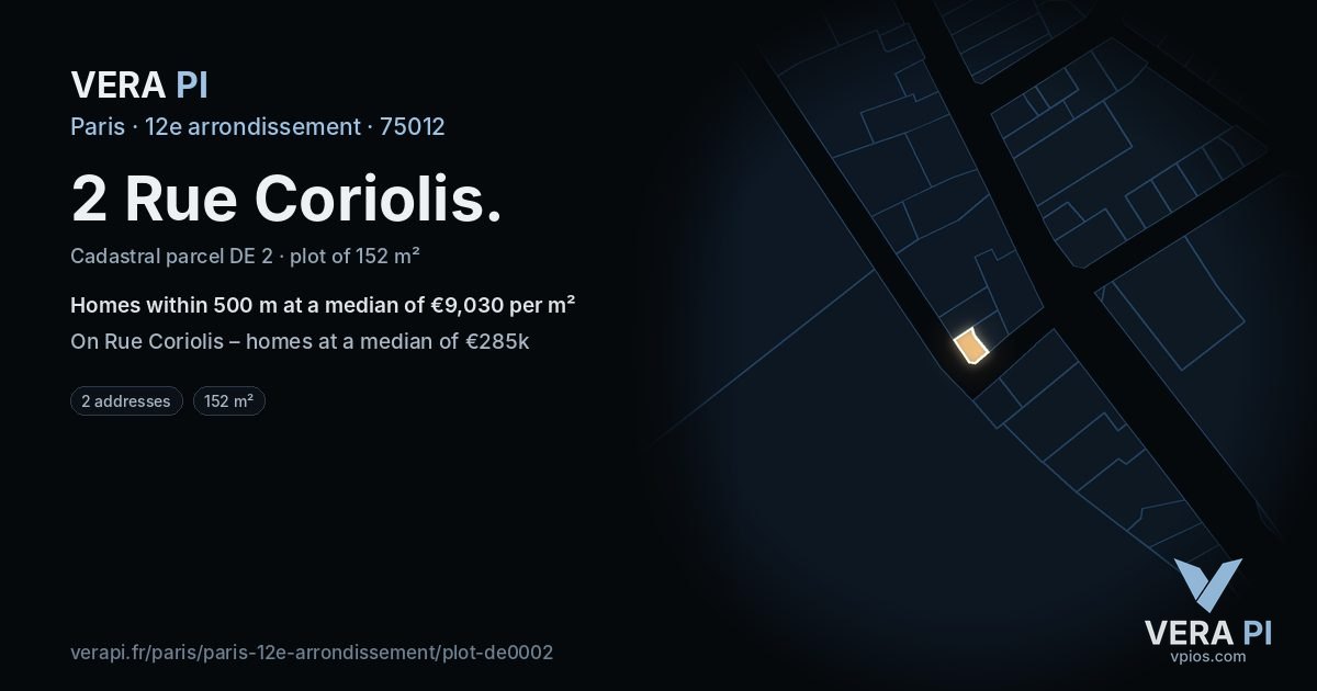 2 Rue Coriolis, 12e arrondissement at night – the plot lit, the parcels around coloured by the prices near them