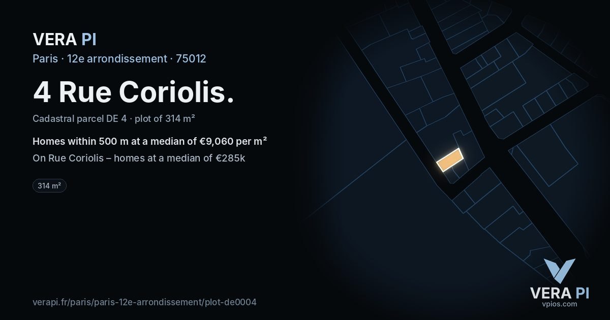4 Rue Coriolis, 12e arrondissement at night – the plot lit, the parcels around coloured by the prices near them