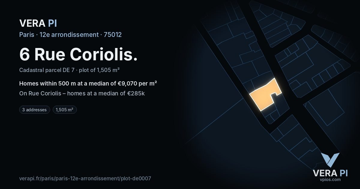 6 Rue Coriolis, 12e arrondissement at night – the plot lit, the parcels around coloured by the prices near them