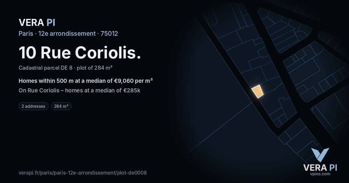 10 Rue Coriolis, 12e arrondissement at night – the plot lit, the parcels around coloured by the prices near them