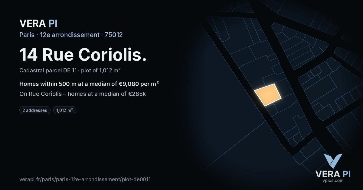 14 Rue Coriolis, 12e arrondissement at night – the plot lit, the parcels around coloured by the prices near them