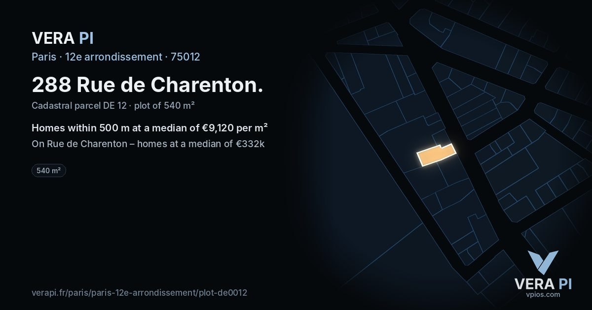 288 Rue de Charenton, 12e arrondissement at night – the plot lit, the parcels around coloured by the prices near them