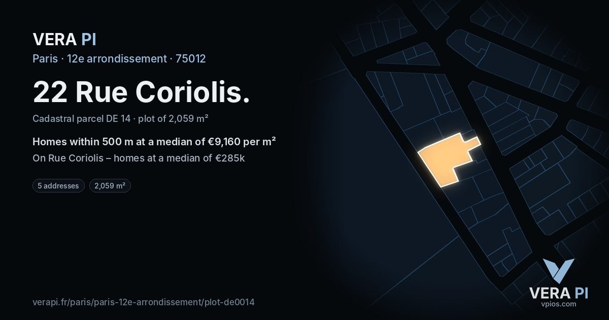 22 Rue Coriolis, 12e arrondissement at night – the plot lit, the parcels around coloured by the prices near them