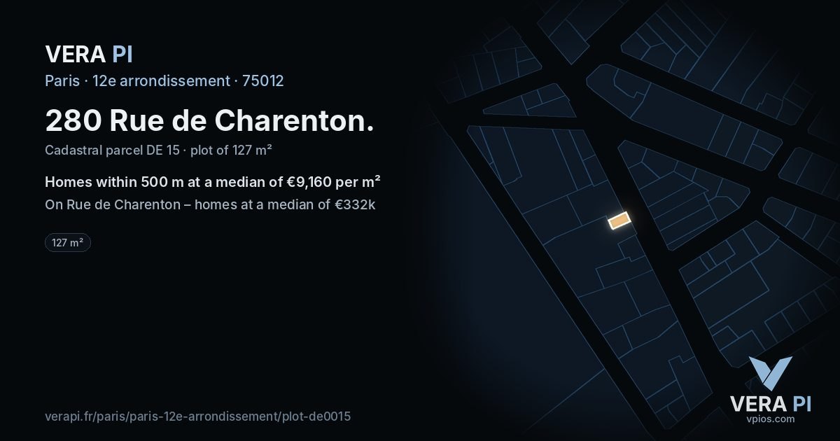280 Rue de Charenton, 12e arrondissement at night – the plot lit, the parcels around coloured by the prices near them