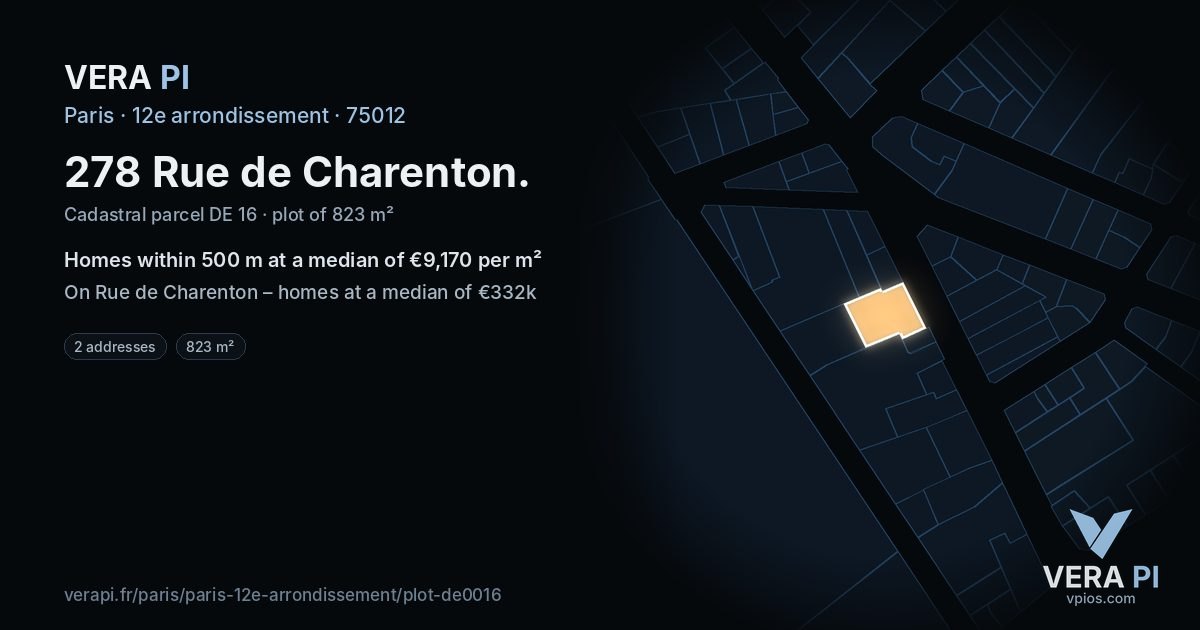 278 Rue de Charenton, 12e arrondissement at night – the plot lit, the parcels around coloured by the prices near them