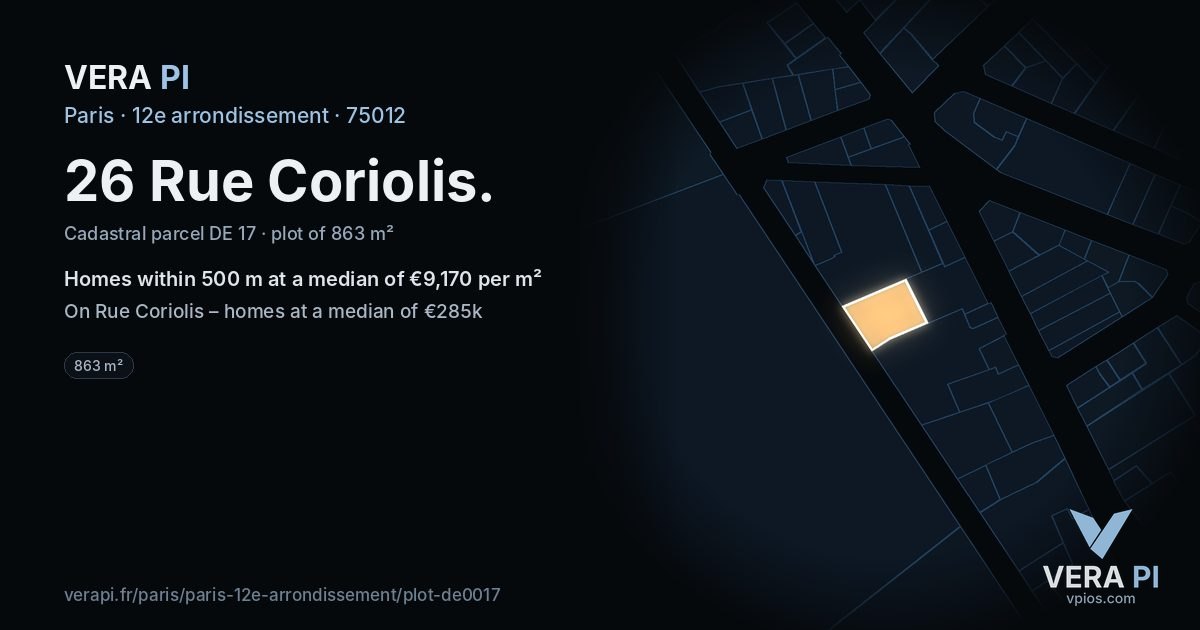 26 Rue Coriolis, 12e arrondissement at night – the plot lit, the parcels around coloured by the prices near them