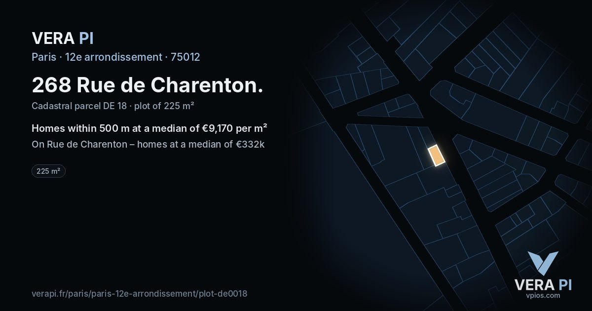 268 Rue de Charenton, 12e arrondissement at night – the plot lit, the parcels around coloured by the prices near them