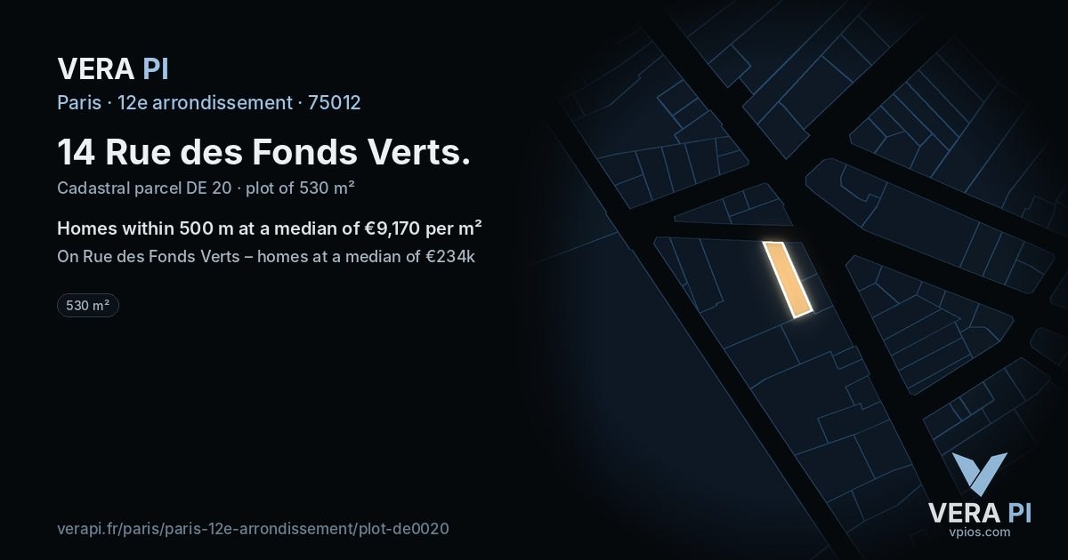 14 Rue des Fonds Verts, 12e arrondissement at night – the plot lit, the parcels around coloured by the prices near them