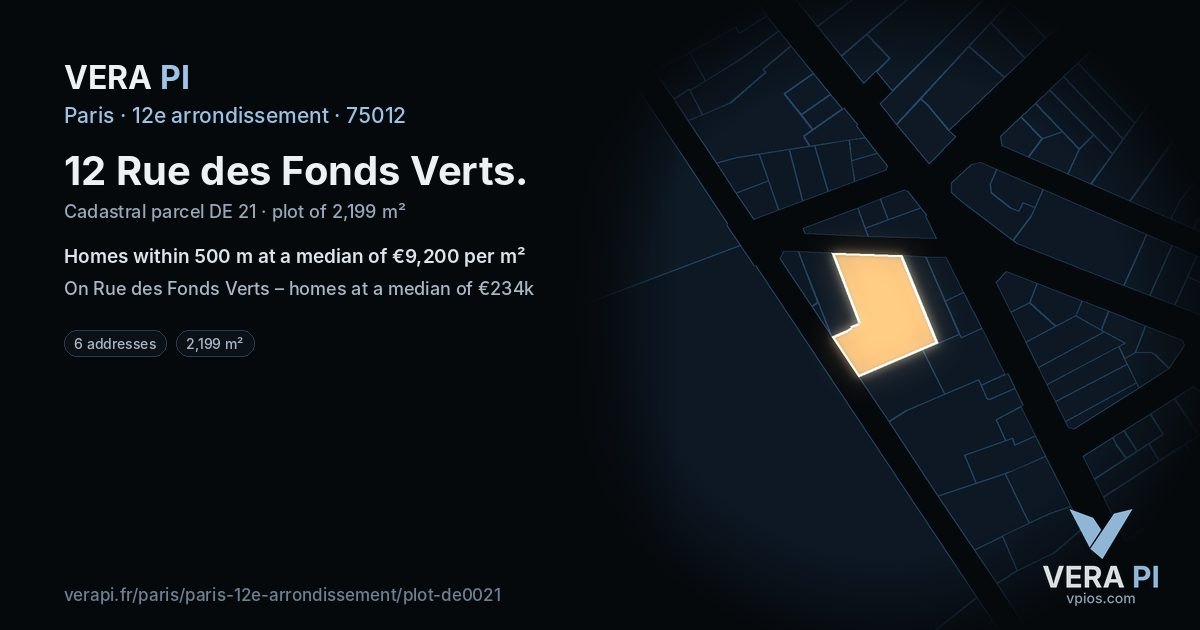 12 Rue des Fonds Verts, 12e arrondissement at night – the plot lit, the parcels around coloured by the prices near them